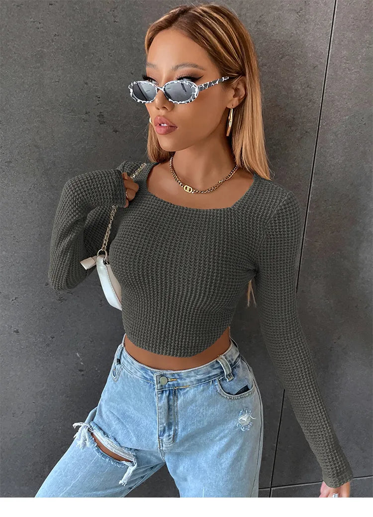 Sexy Long Sleeve Knit Crop Top