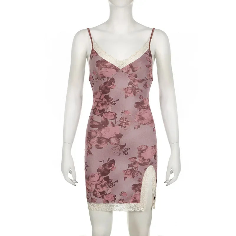 Lace Trimmed Floral Print Mini Dress