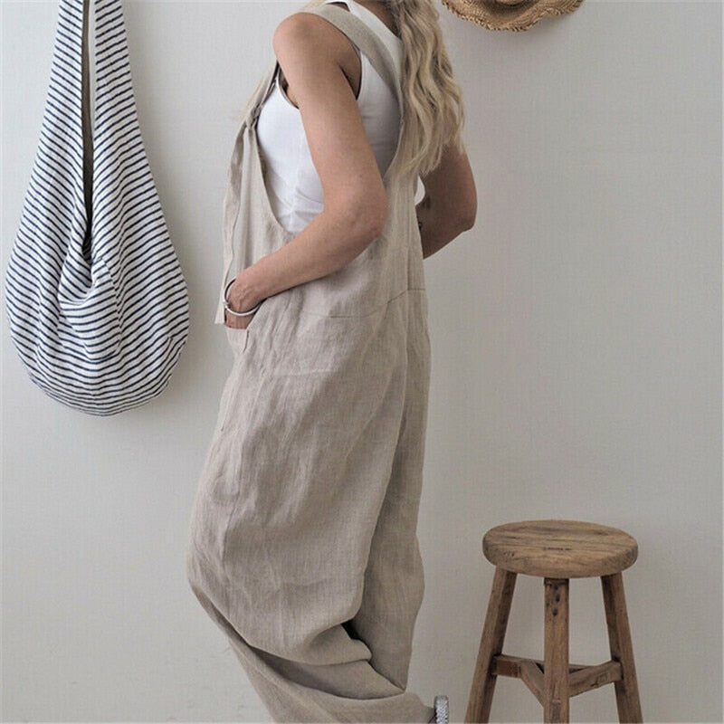 Side View of Lady in Women's Baggy Overalls