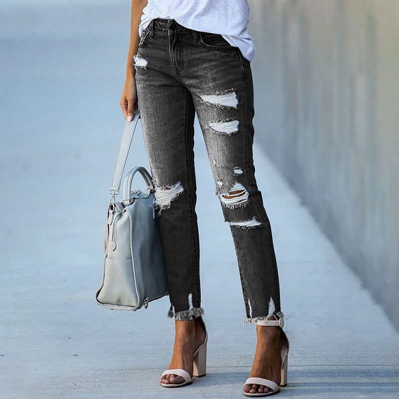 Women's Ripped Slim Fit Blue Jeans