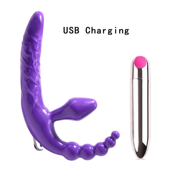 Purple Colored Strapless Vibrating Double Dildo